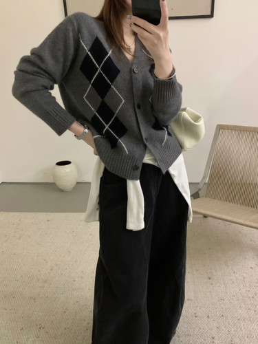 High kiss时髦90'S文艺复兴学院风格纹浣熊羊毛miu风针织毛衣开衫