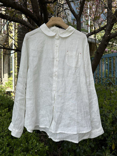 100亚麻 恬静 The white lab日系文艺小圆领简约宽松白衬衫防晒衣
