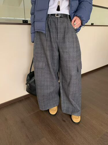 At brunch韩国2025秋冬时尚格子羊毛呢工装阔腿长裤休闲弯刀裤潮
