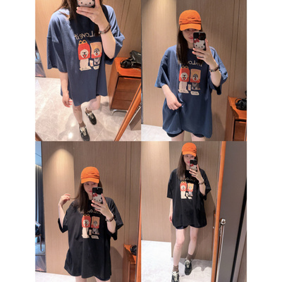 橙色卡通印花～现货2026夏季大版盖臀宽松蓝色短袖T恤