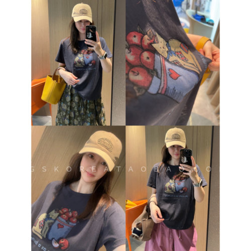 麻感棉百搭～现货2026夏季新款印花旧蓝色正肩小版凉快短袖T恤