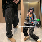 韩国2025秋冬季 加长卫裤 烫钻星星收裤 脚加绒黑灰色宽松大版