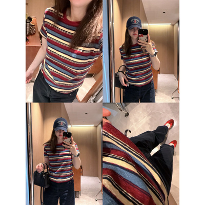 涂鸦感经典条纹～现货2026大弹力纹理面料红蓝条纹修身短袖T恤