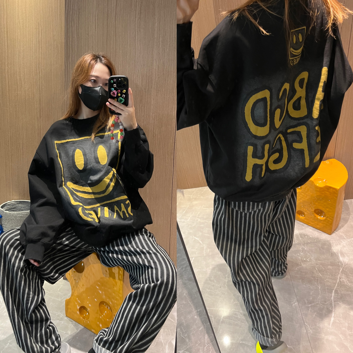 印花字母毛圈黑色宽松卫衣