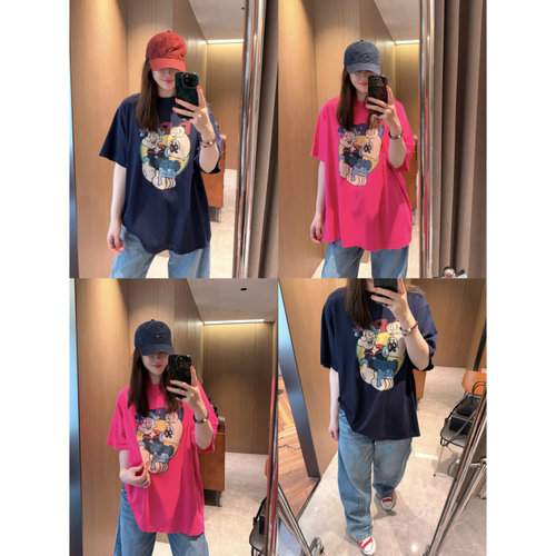 玫红色卡通印花～现货2026大版宽松高个子盖臀短袖T恤