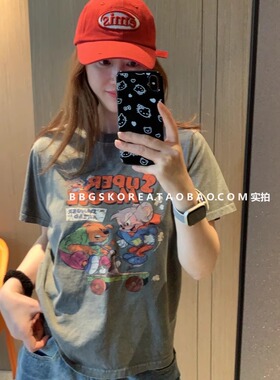 现货韩国东大门2026夏季显瘦水洗灰色橙色卡通印花小宽松短袖T恤