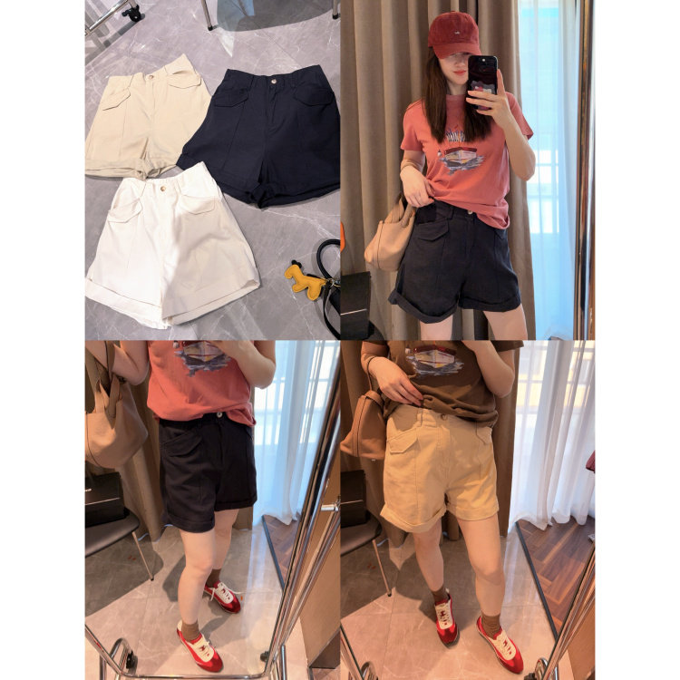 显瘦显腿长～现货2026半松紧腰藏青色单边四分短裤