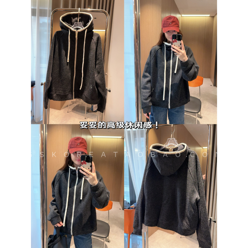 高级休闲感！2025米色镶嵌麻灰色加绒连帽拉链外套