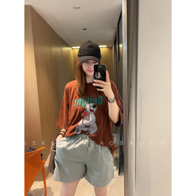 重工水洗铁锈红色～现货2025炒色卡通印花宽松宽松大版短袖T恤