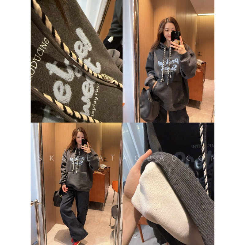 大版宽松盖臀～2025加绒加厚蓝色字母灰色连帽卫衣