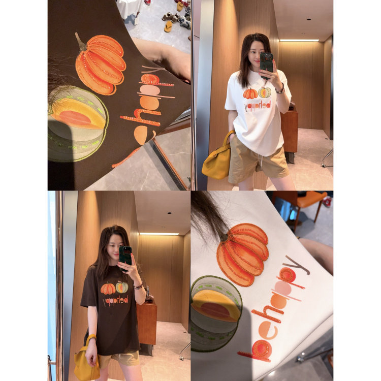 推荐显瘦小宽松版～2026彩色南瓜闪透钉珠彩色棕色短袖T恤