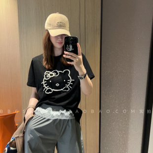 真的谁穿谁瘦～现货高品质直角肩正肩黑色软棉钉珍珠短袖T恤