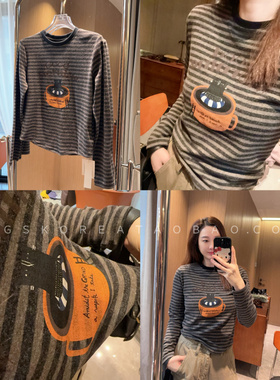 文艺橙色印花～现货2026春季弹力修身条纹百搭长袖打底T恤