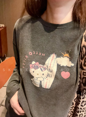 做旧粉色kitty印花~现货2026春秋冬季新款软料磨毛灰色长袖T恤