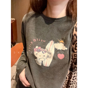 做旧粉色kitty印花~现货2026春秋冬季新款软料磨毛灰色长袖T恤