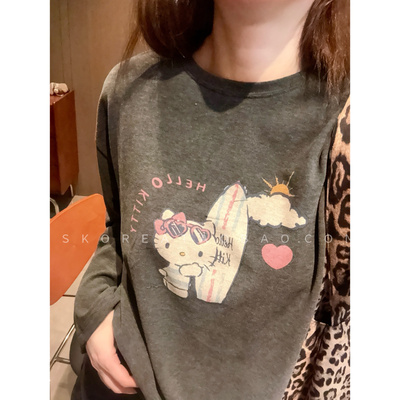 做旧粉色kitty印花~现货2025冬季新款软料磨毛灰色长袖T恤