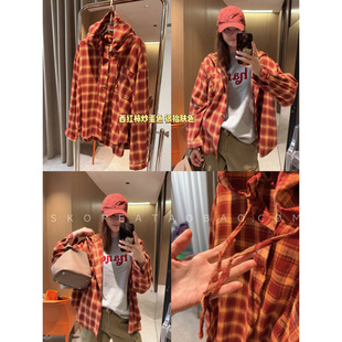 元气满满!现货2025春季秋季新款橙黄色连帽宽松磨毛格子衬衫