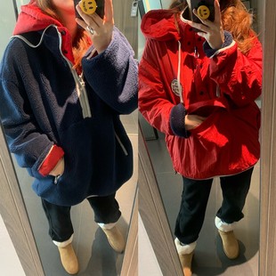 现货韩国2026春冬季两面穿显瘦保暖小羊羔连帽大红色冲锋衣外套