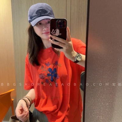 韩系少见正橘红色～现货2026夏季软薄舒服印花小宽松短袖T恤