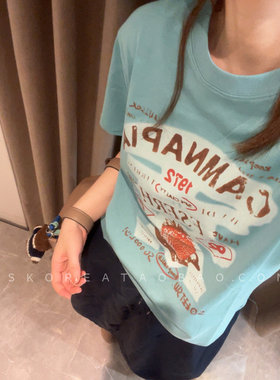 现货2026夏季新款女装小版浅蓝色印花显瘦短袖T恤