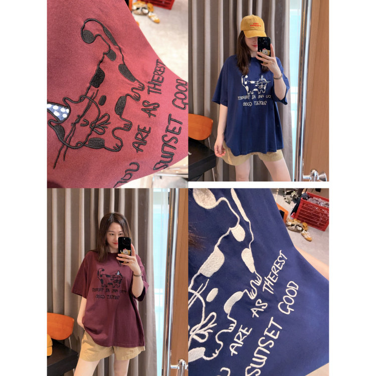立体刺绣小猫～现货2026水洗粗棉盖臀宽松显白蓝色红色短袖T恤