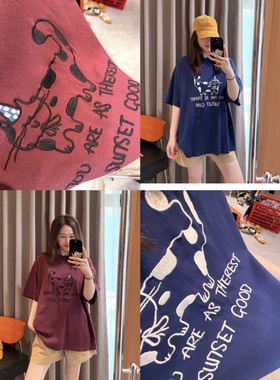 立体刺绣小猫～现货2026水洗粗棉盖臀宽松显白蓝色红色短袖T恤