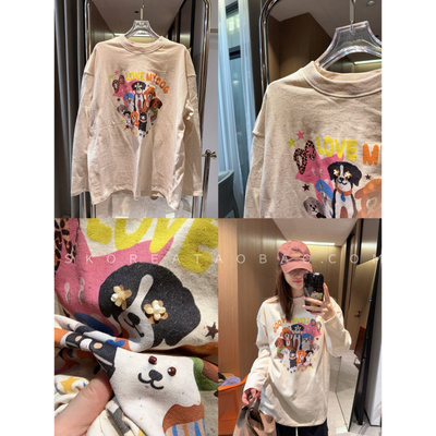 现货特殊混杂彩棉春季小众重工大版盖臀米色宽松印花钉珠长袖T恤