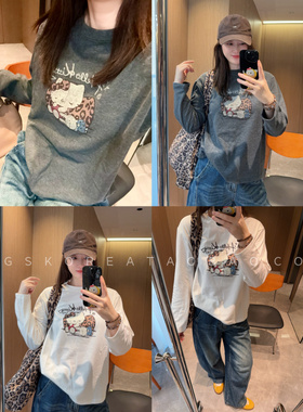 软糯保暖豹纹kitty印花～现货2025秋冬季灰色白色显瘦长袖打底T恤