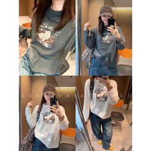 软糯保暖豹纹kitty印花～现货2025秋冬季灰色白色显瘦长袖打底T恤