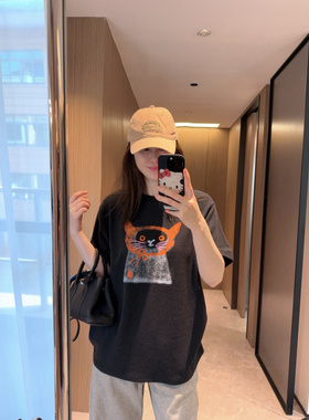 现货2026软糯显瘦保暖春秋冬三季橙色小猫印花宽松短袖T恤