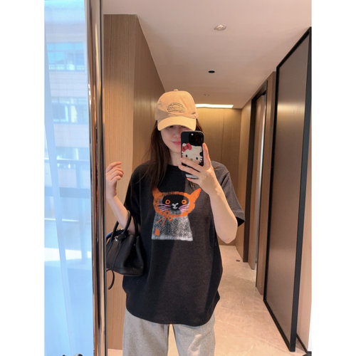 现货2026软糯显瘦保暖春秋冬三季橙色小猫印花宽松短袖T恤