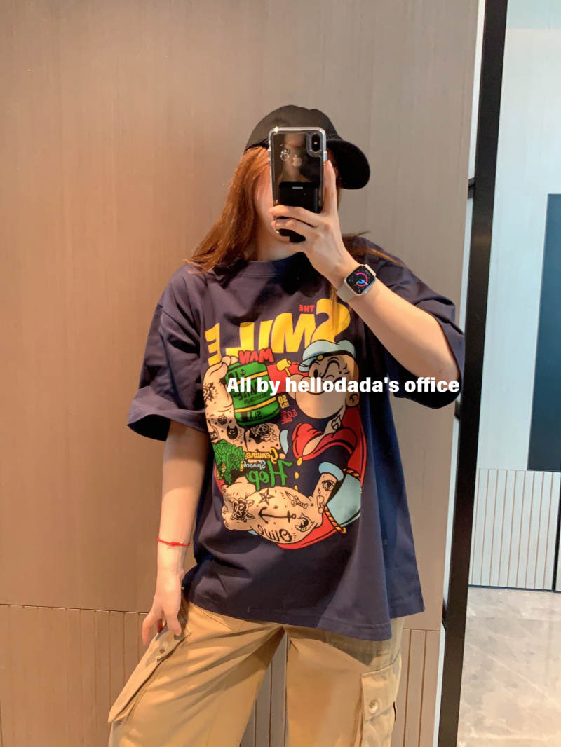 现货推荐韩国2025夏季新款藏青色大力水手印花卡通宽松短袖T恤