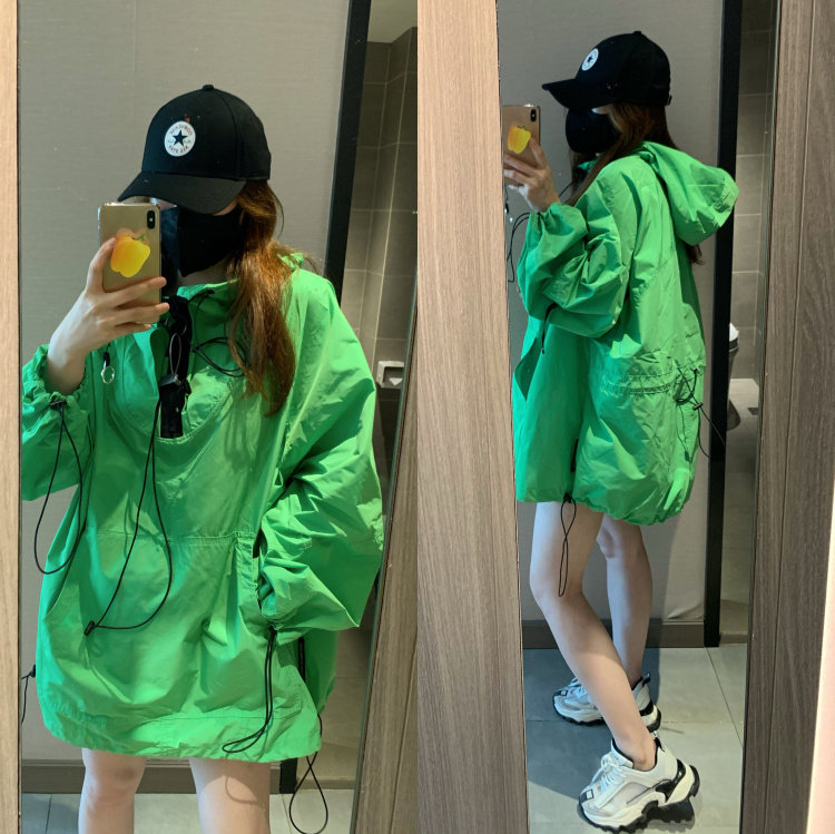 现货韩国2026春秋季女装草绿帅酷套头盖臀oversize连帽冲锋衣外套