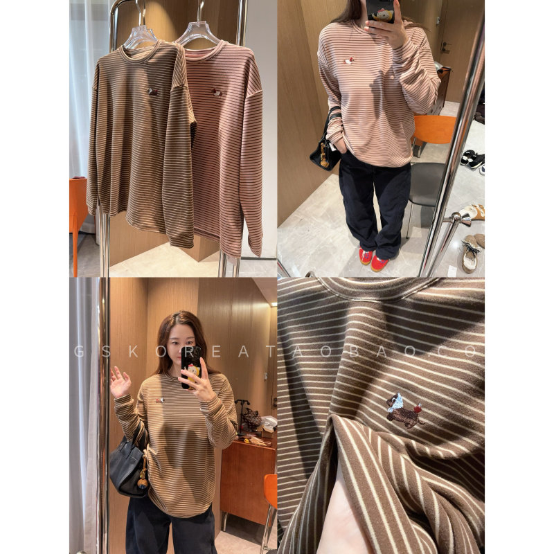 现货软糯保暖挺括高级～收袖口巨显瘦条纹宽松粉棕色长袖T恤,女装/女士精品,T恤,淘宝优惠券,粉丝福利购,淘宝优惠卷