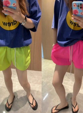 现货韩国2025夏季新款荧光粉黄绿橙色运动圆摆宽松松紧腰冲锋短裤