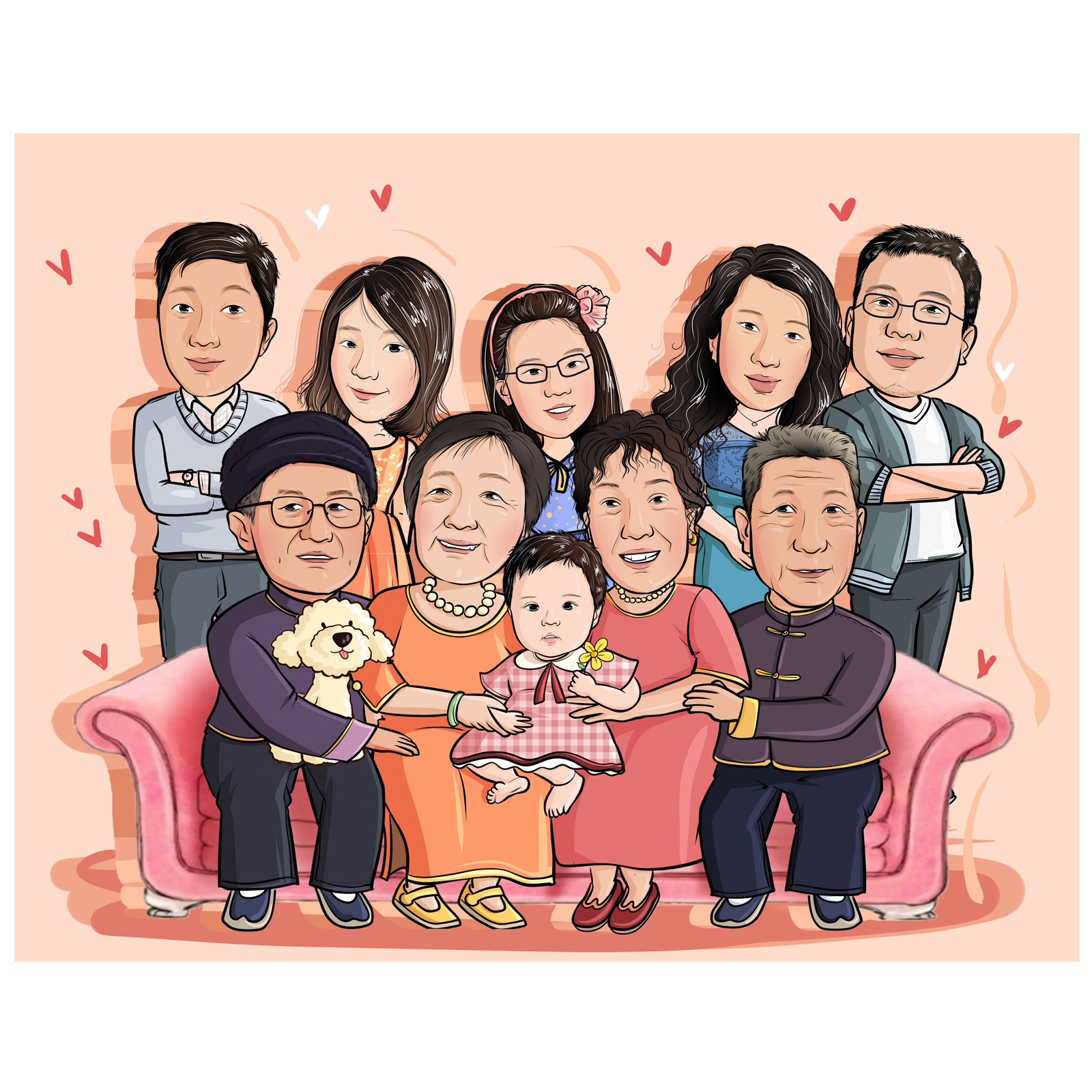 真人照片手绘电子稿集体合影全家福情侣婚纱照面部写实风格卡通画