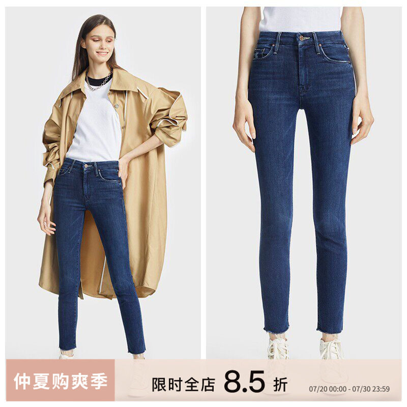 CLOC春季新款MOTHER复古深蓝色中腰紧身长裤弹力舒适显瘦牛仔裤