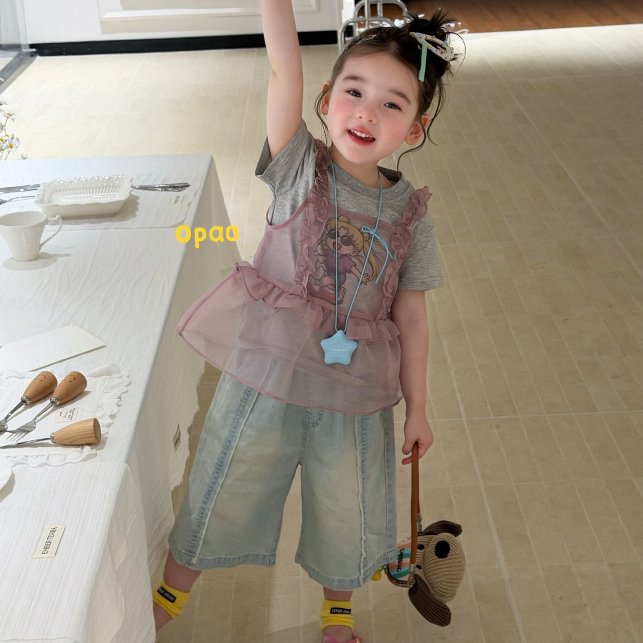 凡妈童装26夏季新款女童小童韩版洋气直筒九分牛仔裤网纱两件T恤