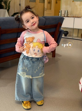 凡妈童装26春款女童小童韩版动漫卡通修身T恤做旧破洞直筒牛仔裤