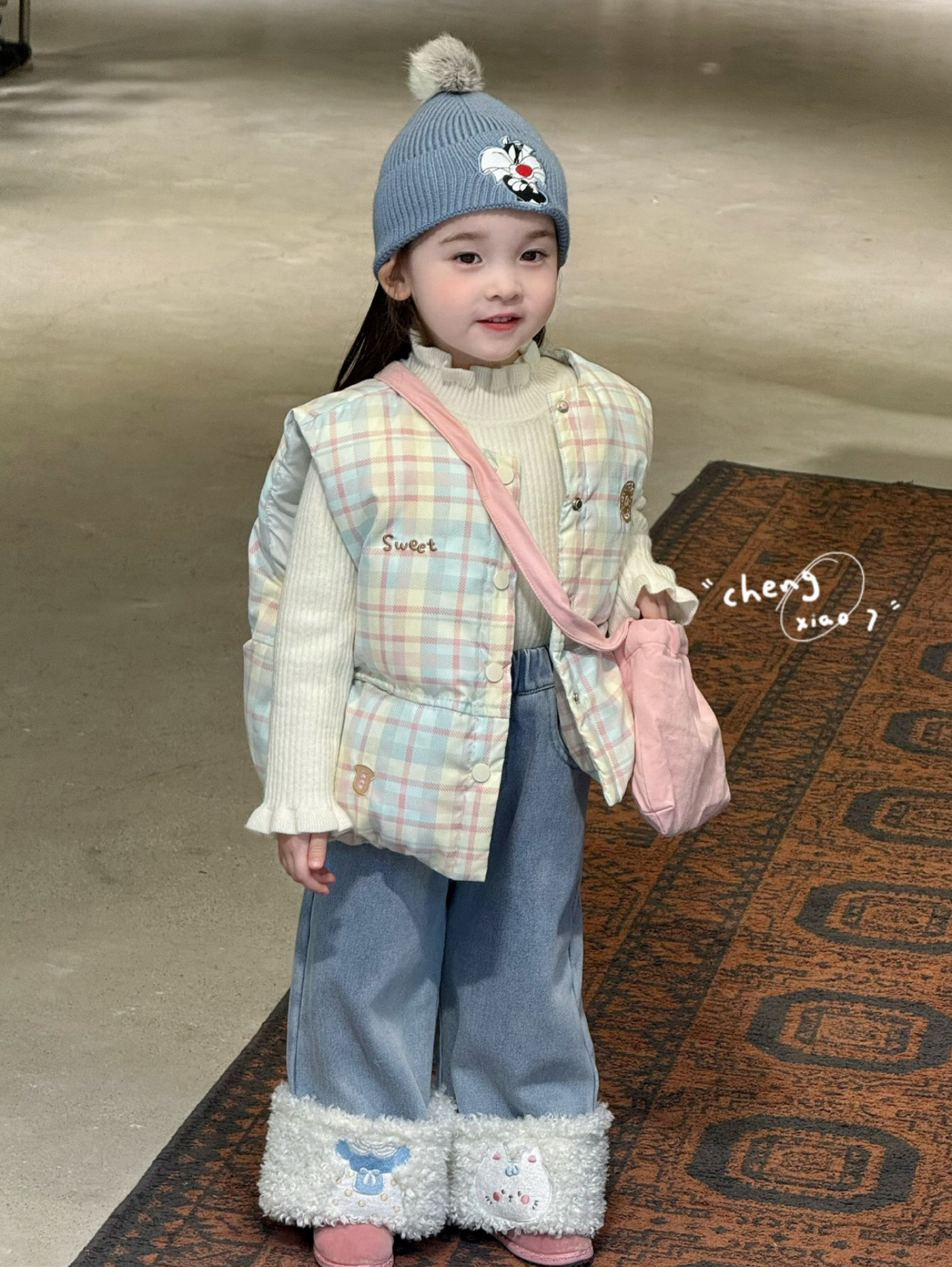 凡妈童装2025秋冬新款女童小童韩版格子羽绒马甲打底衫加绒牛仔裤