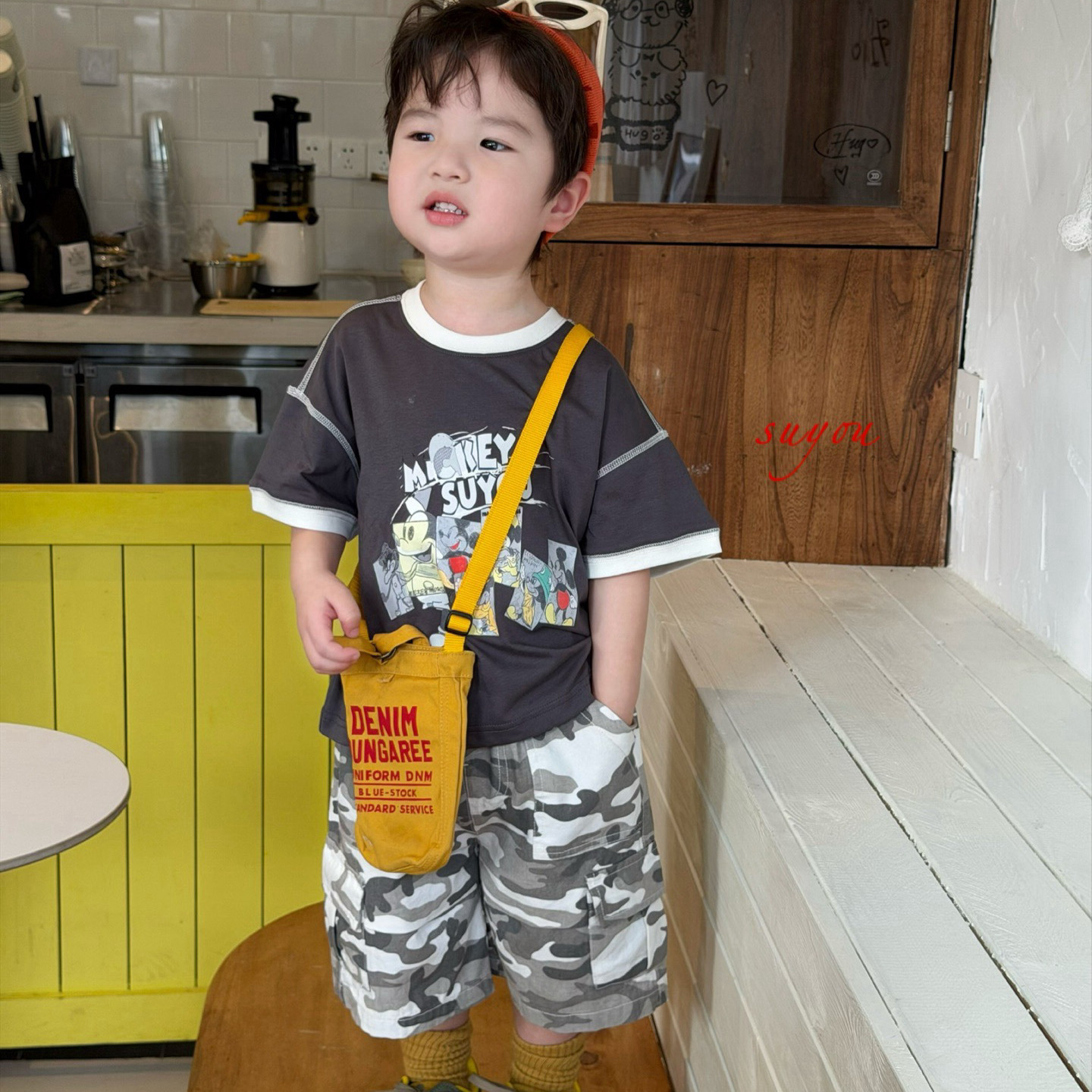 凡妈童装2026夏季新款男童小童韩版迷彩休闲中裤米奇卡通短袖T恤