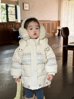 女童韩版小熊玩偶拼色中长羽绒服
