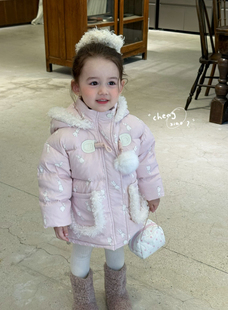 凡妈童装25冬季新款女童小童韩版可爱兔子耳朵小熊羽绒服外套洋气