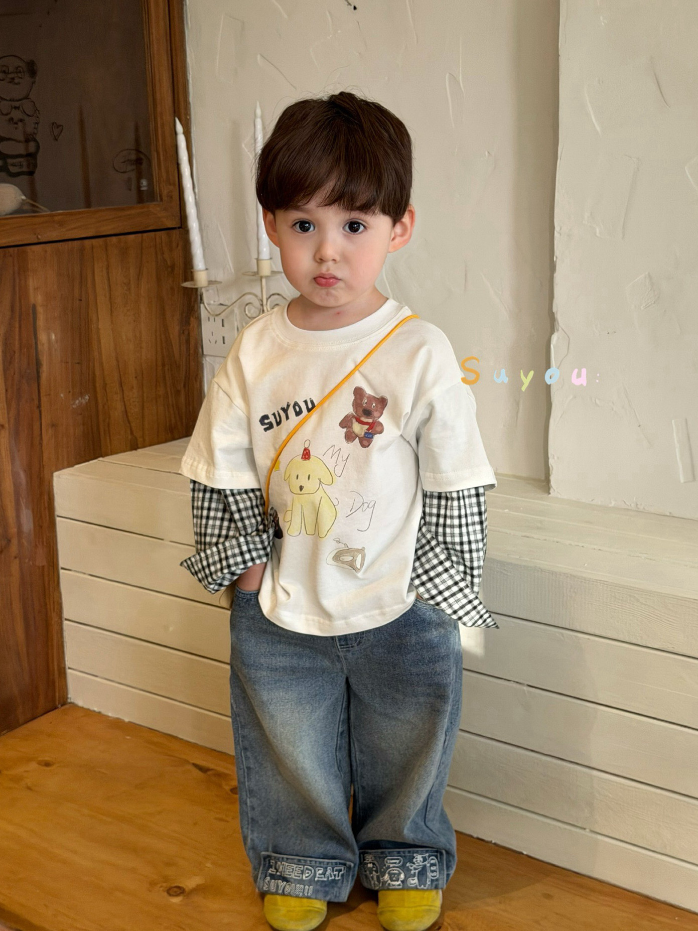 凡妈童装26春新款男童小童韩版小狗涂鸦格子拼接假两件T恤牛仔裤,童装/婴儿装/亲子装,裤子,淘宝优惠券,粉丝福利购,淘宝优惠卷