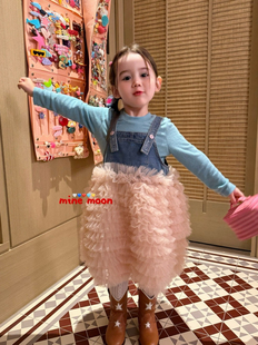 凡妈童装26秋季新款女童小童韩版T恤牛仔拼接吊带蛋糕纱裙两件套