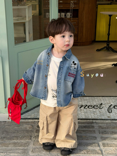 凡妈童装2026春新款男童小童韩版柔软米奇牛仔衬衫外套T恤休闲裤