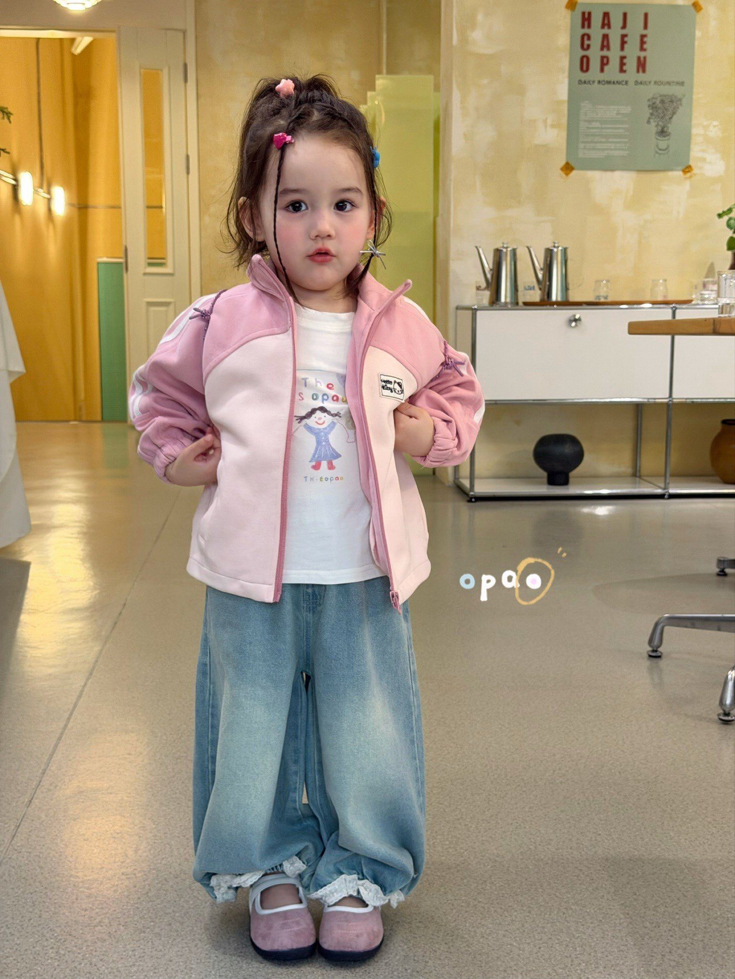 凡妈童装2026春款女童小童韩版休闲拼色外套卡通T恤花边牛仔长裤