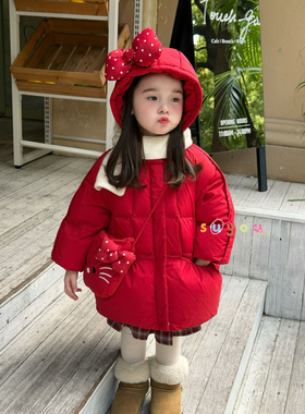 凡妈童装2025冬季新款女童小童韩版KT猫挎包蝴蝶结连帽羽绒服外套