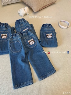 卡通刺绣口袋直筒牛仔裤 女童小童韩版 加绒洋气 25秋冬新款 凡妈童装