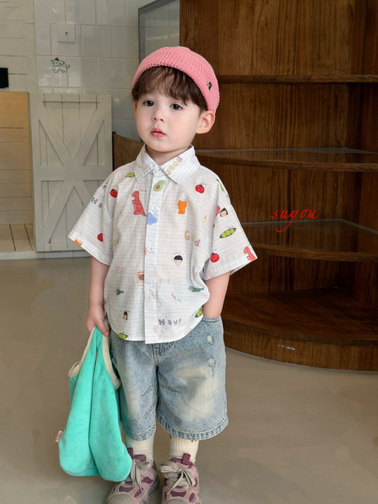 凡妈童装26夏新款男童小童韩版休闲牛仔中裤卡通满印棉布衬衫洋气